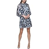 Calvin Klein Womens Gray Zippered Ruffled Tie Keyhole Back Elastic Waist Long Sleeve Jewel Neck Short Fit + Flare Dress 4