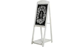 MyGift 45 Inch Tall Vintage White Weathered Paulownia Wood Sidewalk Chalkboard Sign with Plant Shelf Stand, Freestanding A-Frame Easel Erasable Message Board