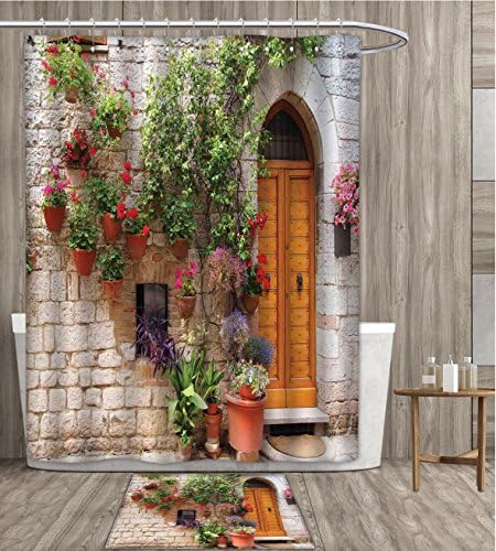 smllmoonDecor Tuscan Shower Curtain customize Begonia Blossoms in Box Window Wooden Shutters Brick Wall Romagna Italy Fabric Bathroom Set with Metal hook 72x72 inch Orange White Green gift bath rug