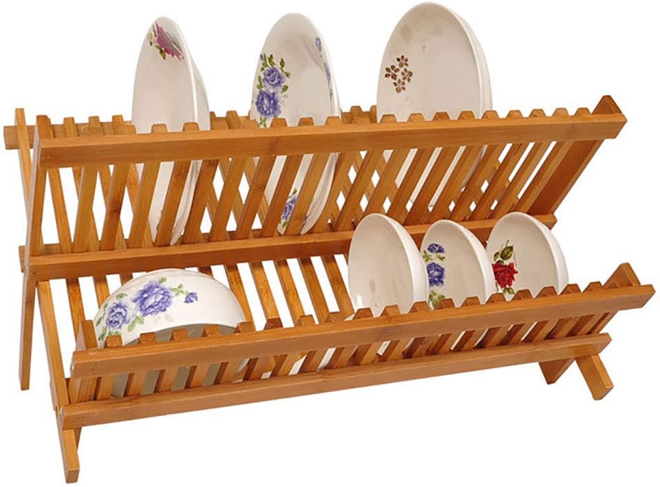 Dish Rack Wooden, Dish Drainer Collapsible Foldable Dish Drying Rack Wooden Plate Rack Made of Natural Bamboo