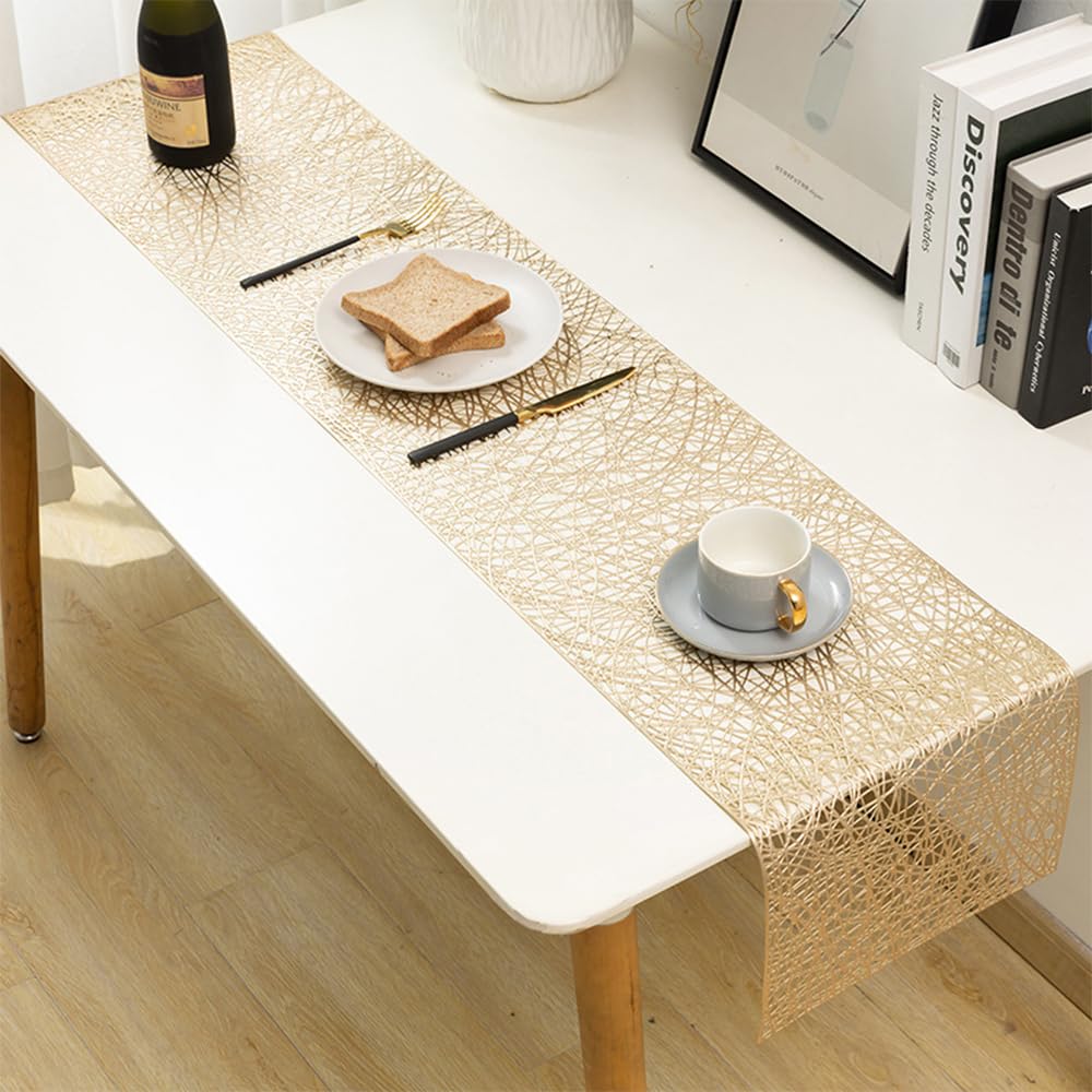 Hosoncovy Hollow Table Runner Non-slip Decorative PVC Table Mats Placemat Protective Heat Resistant Mats for Home Party Kitchen Dining Wedding Decor (30CM X 150CM) (Gold) — image 1