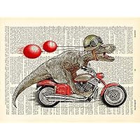 T Rex on Motorbike Poster, Tyrannosaurus Print, Book Page Art, Jurassic Artwork