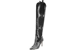 CKSNDLF Women's Western Cowboy Thigh High Boot Rhinestones Cowgirl Boots Glitter Sparkly Boots Over The Knee High Heel Pointed Toe Wedding Party Shoes