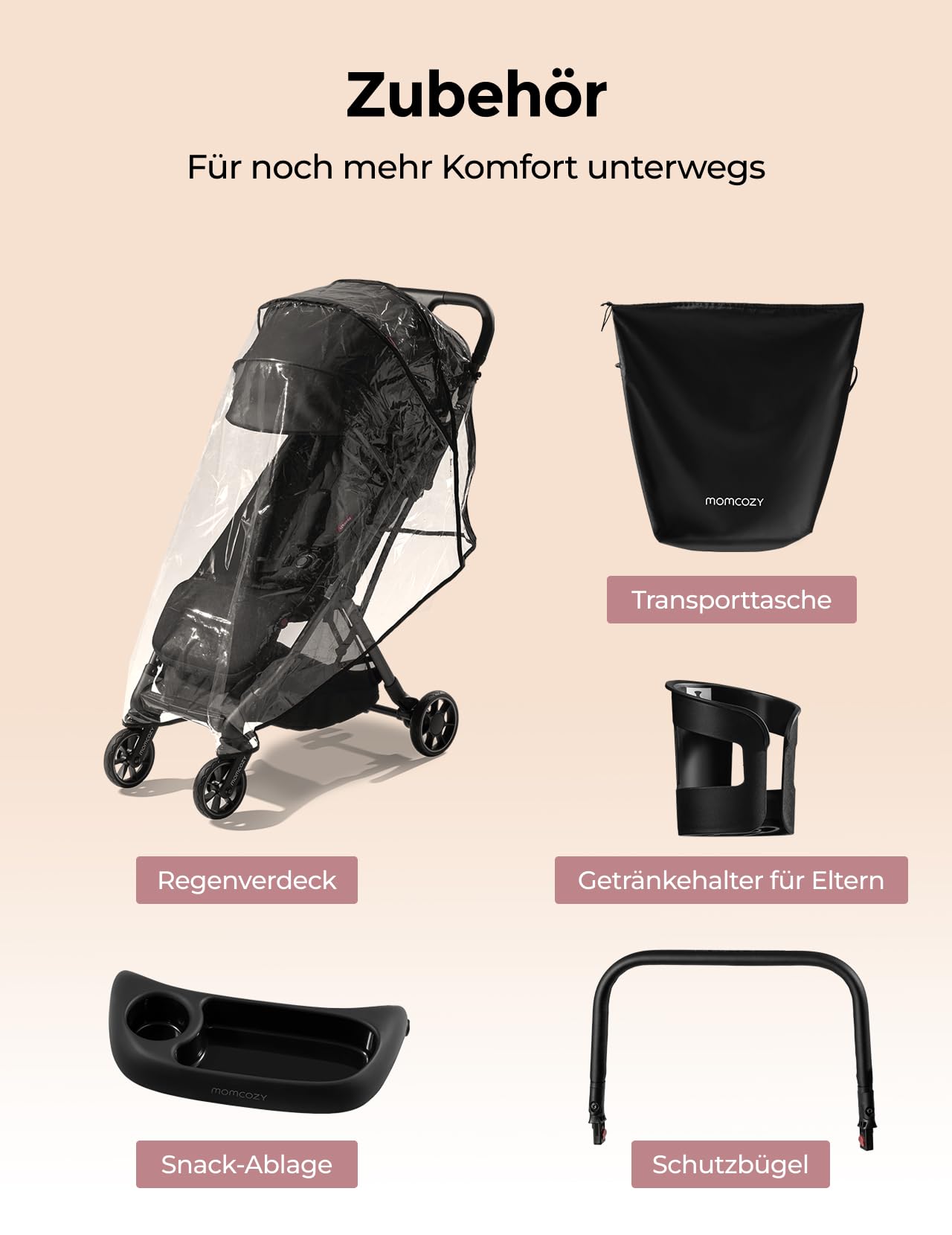 Momcozy ClickGo Buggy klein zusammenklappbar als Flugzeug-Handgepäck, Einhand-Klappmechanismus, mit Liegefunktion, UV-Schutz 50+, XL-Korb bis 3 kg, Geeignet von 0–4 Jahren bis 22 kg, Schwarz 6