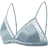 FEELITS Real Mulberry Silk Satin Lace Triangle Bralette with Removable Pad, Soft Cup Wireless Bra for Women