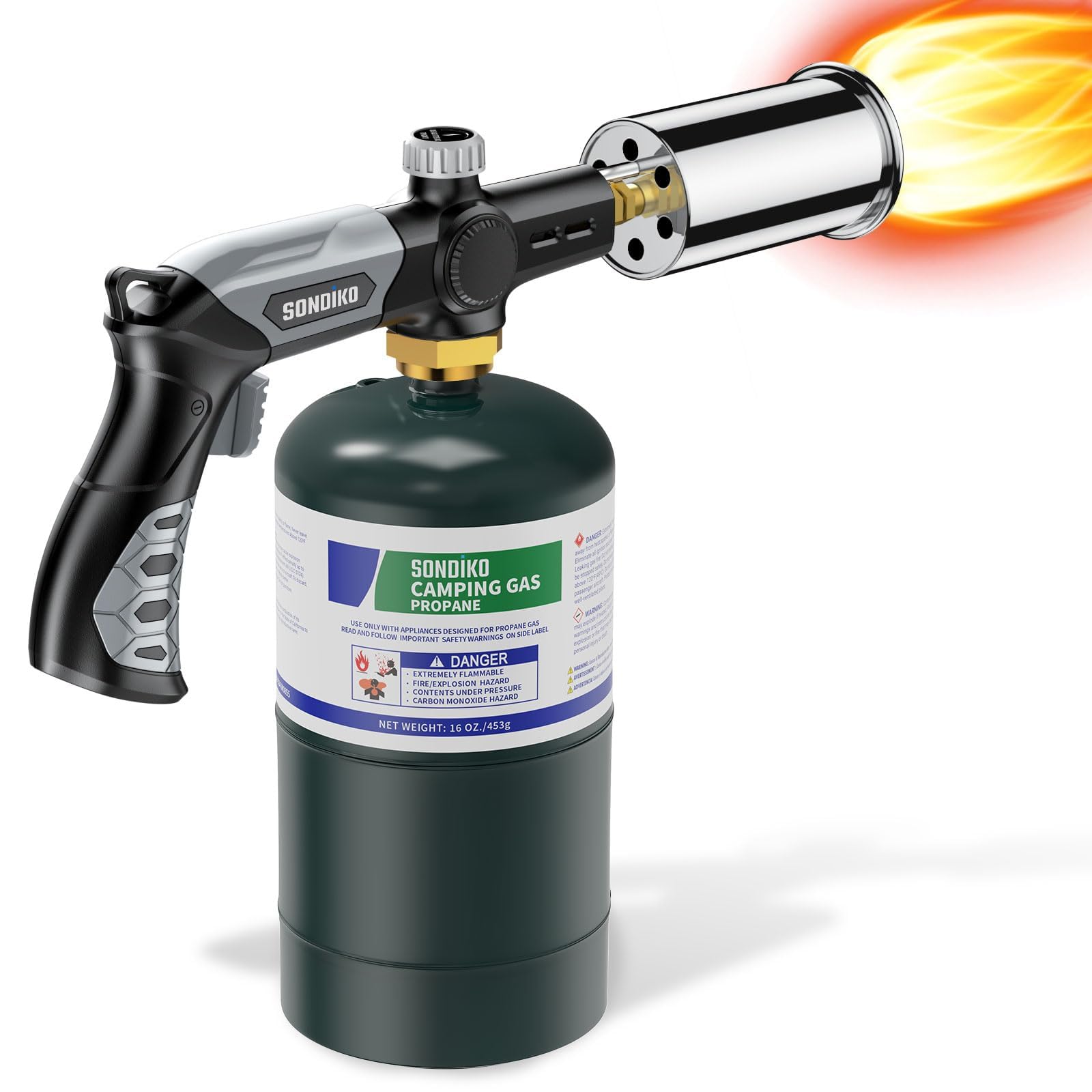 Sondiko Powerful Grill & Cooking Propane Torch L8010, Sous Vide, Welding Torch, Adjustable Wood Torch Burner for Searing Steak, BBQ, Campfire Starter(Black, Grey) Propane Tank Not Included