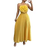 OYOANGLE Women's 3D Floral Spaghetti Strap Cami Dress Pleated Sleeveless Flared Evening Dresses