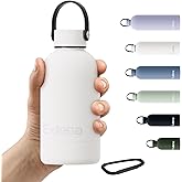 Exllena Small Water Bottles 12 oz with Handle Lid and Carabiner, Mini Insulated Water Bottle Double Wall Vacuum Leakproof for Kids/Adults (Ivory)