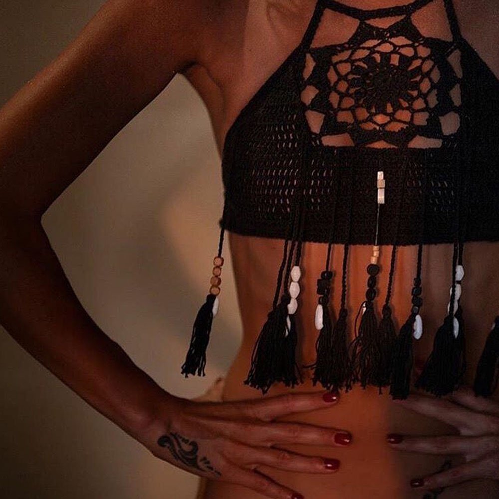 hannea retro style halter hollow out knitted fringed women bikini top