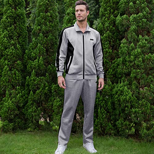 Men’s Sports Athletic Tracksuit with Set 2 Piece Full Zip Sweatsuit Grey Large