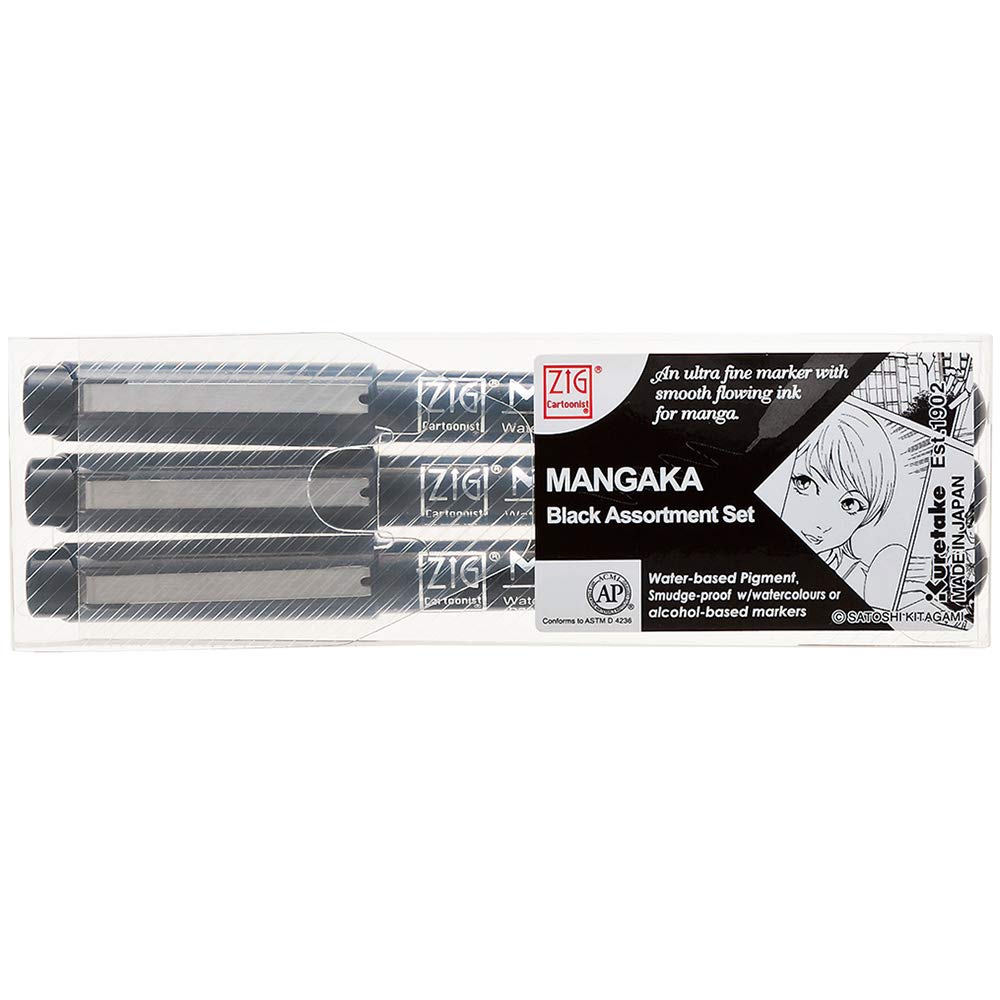 Kuretake CNM/3VBK Cartoonist Mangaka 3-Piece Marker Assortment Set - Black