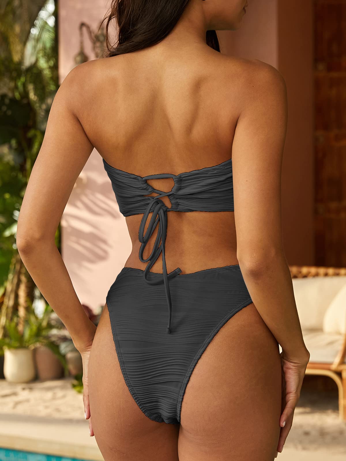 ZAFUL Women Strapless Textured Bandeau Bikini 2 Piece Swimwear Cheeky Solid Lace up Bathing Suits(1-Dark Gray,M) - Image 4