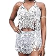 Zoestar Sequin Belly Dance Outfits Sparkly Rave Costume Skirts Tassel Sequin Bra Top Skirt for Women