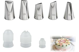 Vvluvva 8 Pcs Flower Piping Tips Set with Coupler, Stainless Steel Petal and Rose Decorating Tips 102 103 104 124 127 for Cak