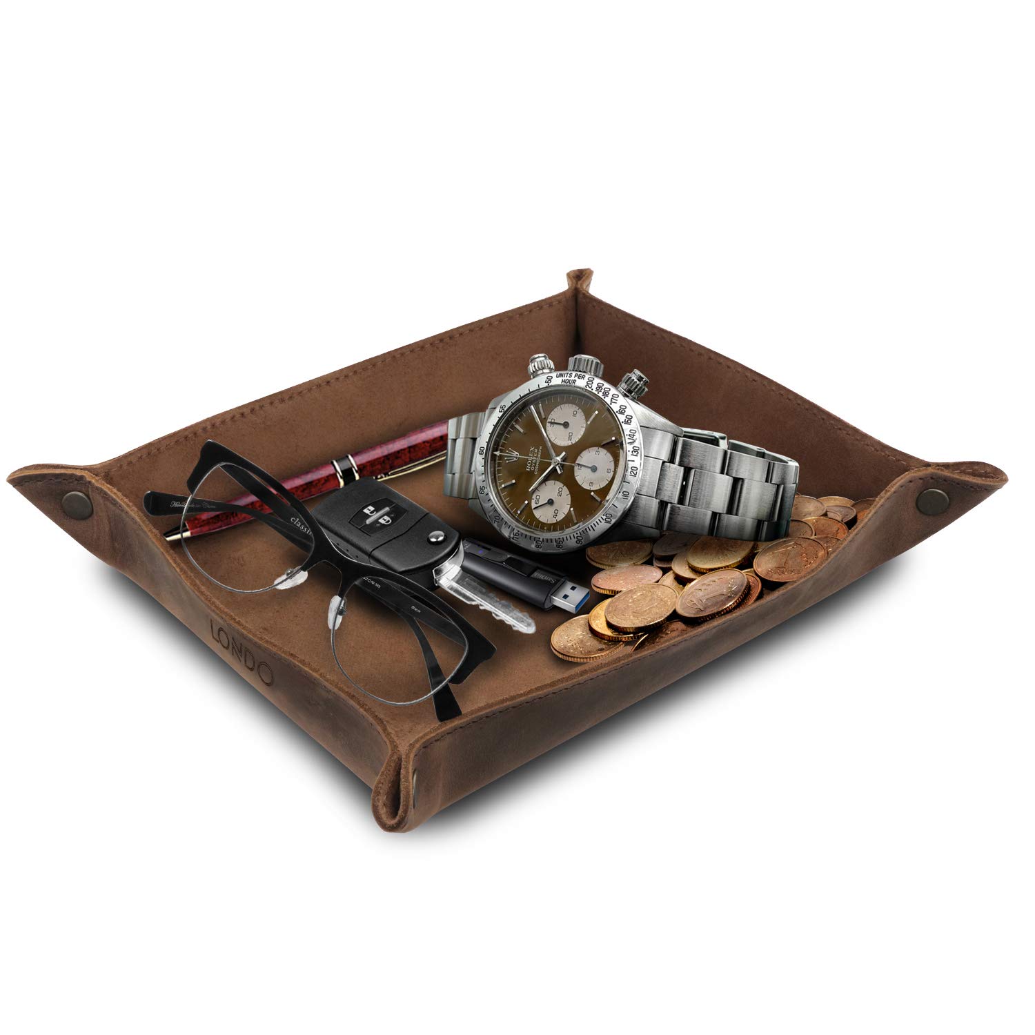 LONDO Genuine Leather Tray Organizer Storage for Wallets Watches Keys Coins Cell Phones and Office Equipment