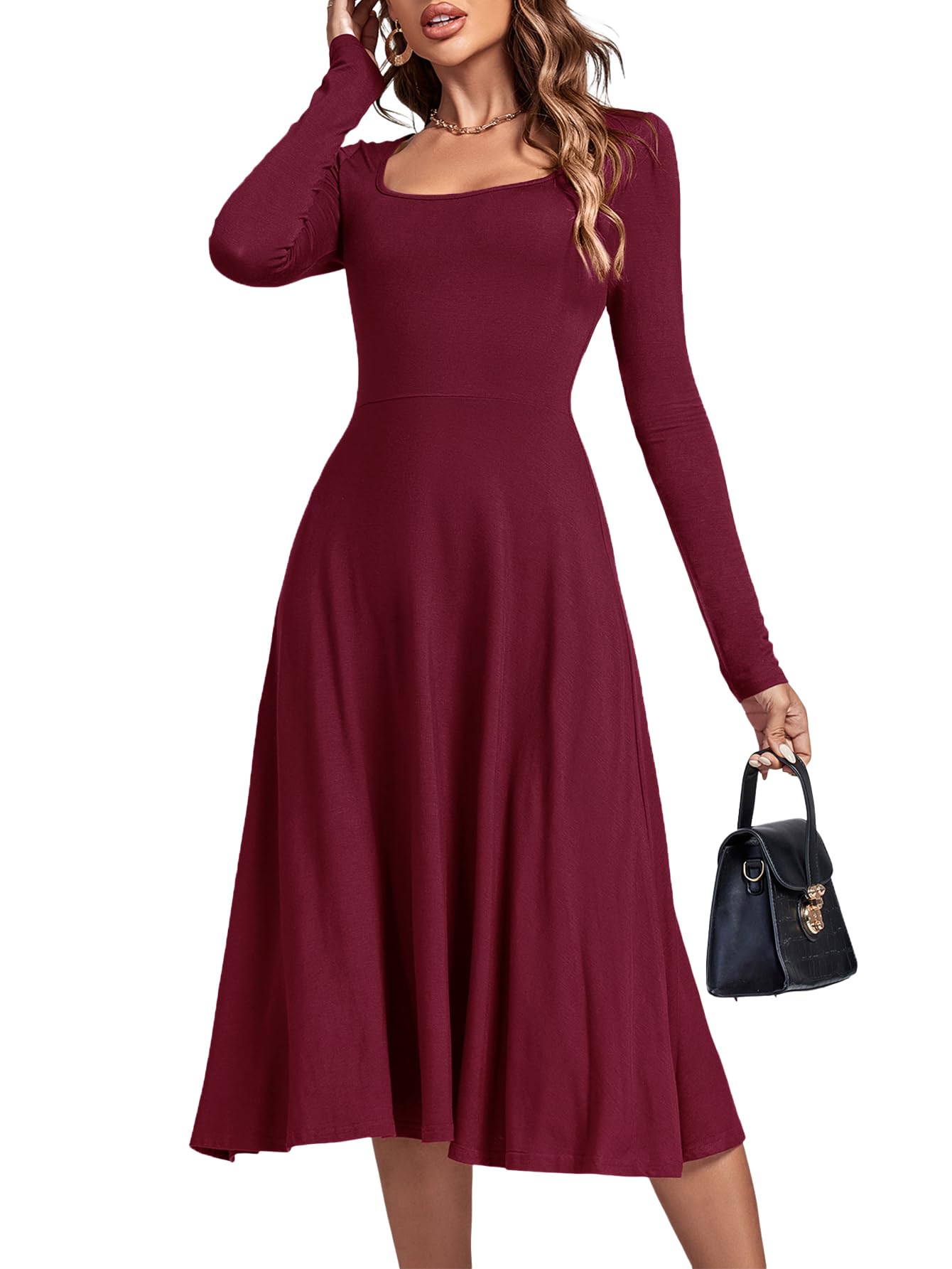 Photo 1 of LYANER Women's Square Neck Long Sleeve Empire Waist A Line Flare Solid Midi Dress Solid Burgundy Large