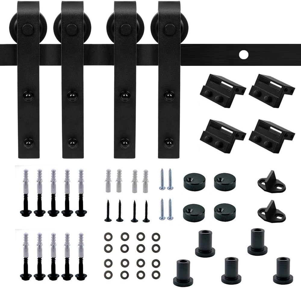 Sliding Door Hardware 8 Ft,OuTera Sliding Barn Wood Door Hardware Kit-Smoothly and Quietly-Easy to Install-Includes Step-by-Step User Guide Fit 2x24" Wide Door Panel -8 Ft J Style-Double Door