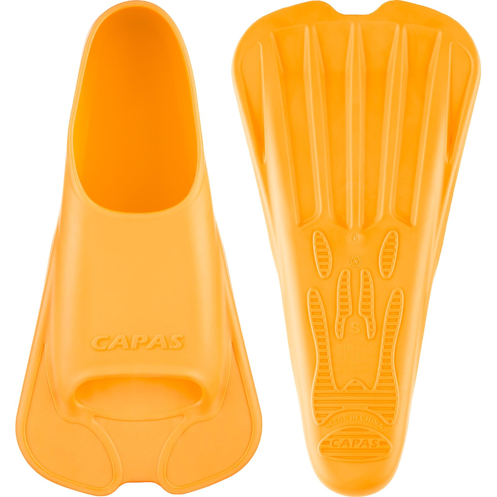 CAPAS Swim Training Fins Comfortable Silicone Swimming Floating Flippers with Mesh Bag for Kids Adult Men Women Short Blade Build Leg Strength (Orange, XXXS (Kids UK Size 12-13.5))