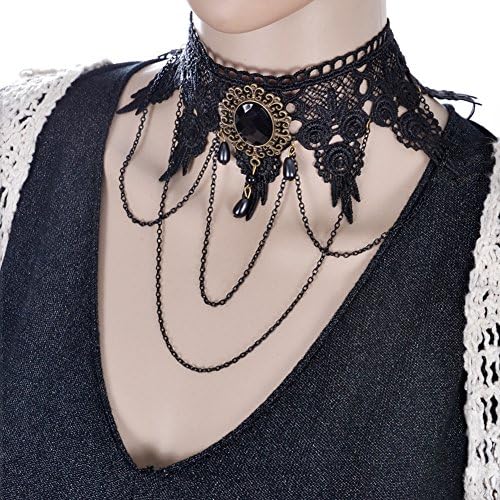 TheBuckHut Black Gothic Punk 90s Style Wedding Party Black Lace Choker Beads Tassels Chain Pendant Necklace for Women