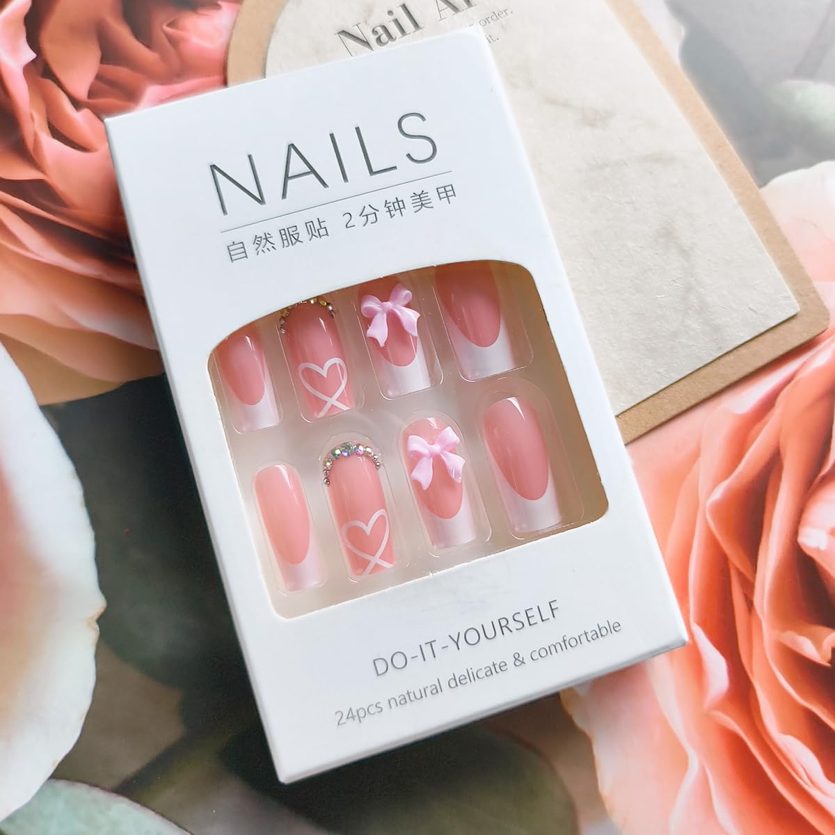 24Pcs Valentines Heart Press on Nails Square French Tip Fake Nails with Cute Bow Charms Rhinestones Designs Acrylic Nails Valentines Nail Art Decorations Reusable Pink False Nails Glue on Nails - Image 4