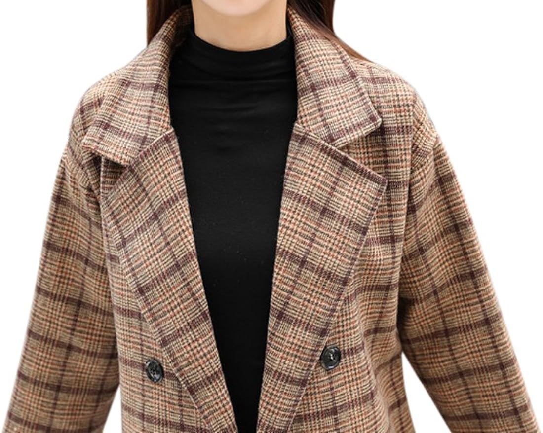 Tanming Women's Double Breasted Long Plaid Wool Blend Pea Coat Outerwear: Clothing