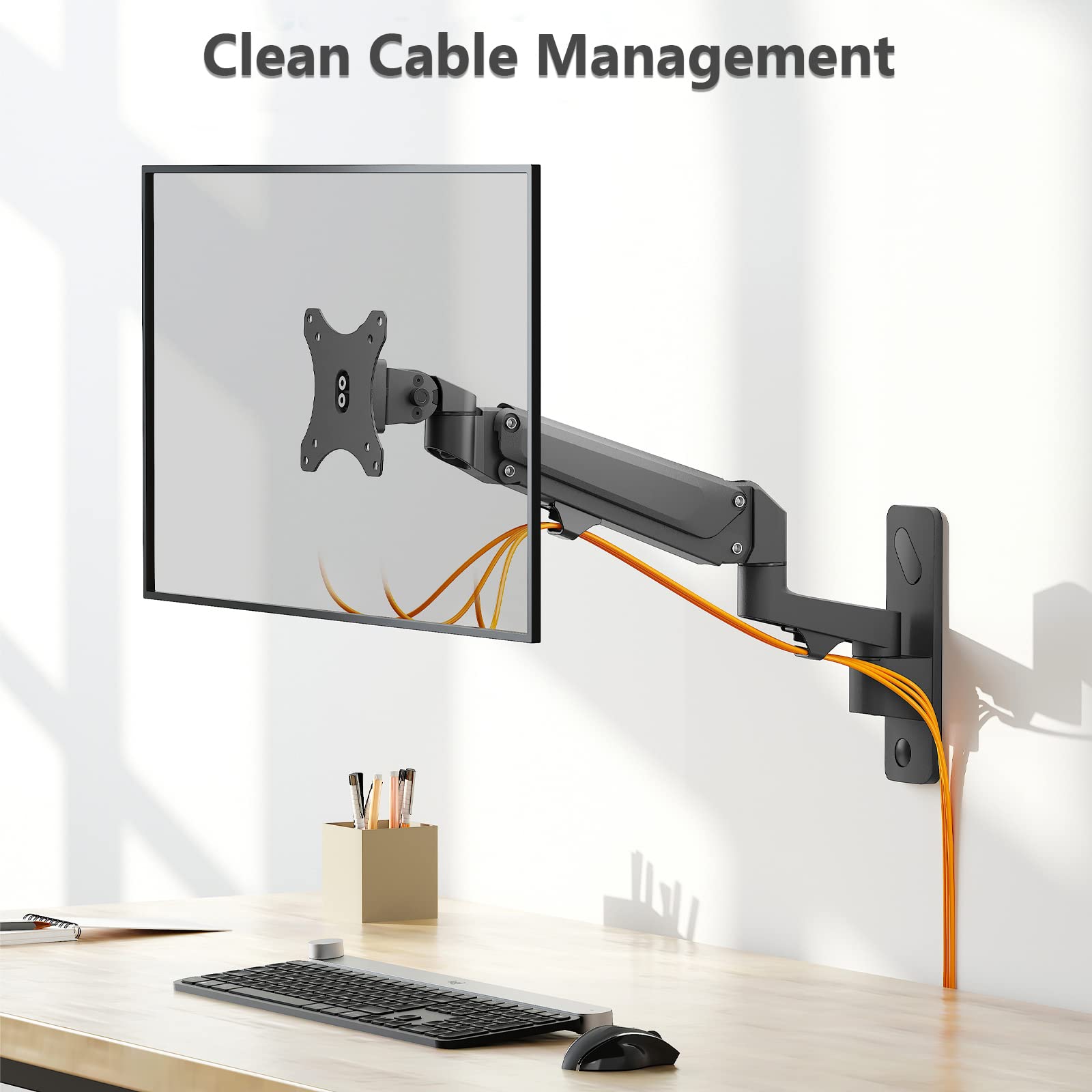 WALI Single Monitor Wall Mount, Computer Wall Mount Monitor Arm Holds up to 19.8lbs, Heavy Duty Gas Spring Single Arm Screen up to 35 Inch, Fully Adjustable Computer Stand (GSWM001XL), Black