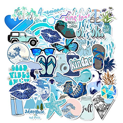 AKEROCK Cute Nature VSCO Stickers for Water Bottles and Laptops, Aesthetic Trendy Waterproof Vinyl Sticker Pack for Hydro Flask Cameras Phone Luggage Graffiti Decal, 50 Packs, Blue
