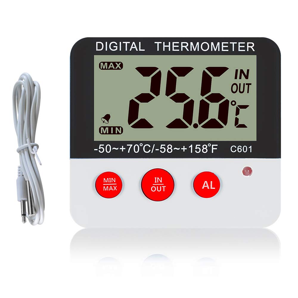Digital Freezer/Fridge Thermometer with Magnet and Stander, LED Alarm Indicator, Max/Min Freezer Thermometer for Kitchen Home