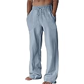 Runcati Mens Casual Pants Linen Drawstring Elastic Waist Loose Fit Straight Leg Pants Summer Beach Vacation Yoga Trousers