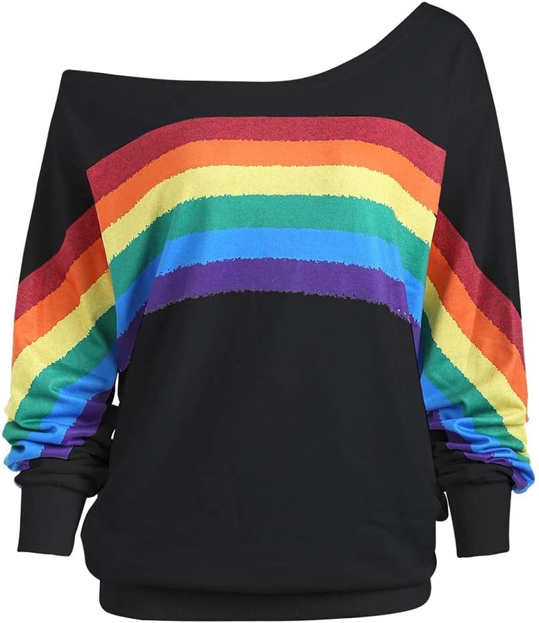 Epigeon Women Sweatshirt Casual Loose Long Sleeve Rainbow Print Pullover Blouse Shirts Breathable Tee Off Shoulder Tops Autumn and Winter Warm Comfortable Cotton Outwear Tunic T-Shirt