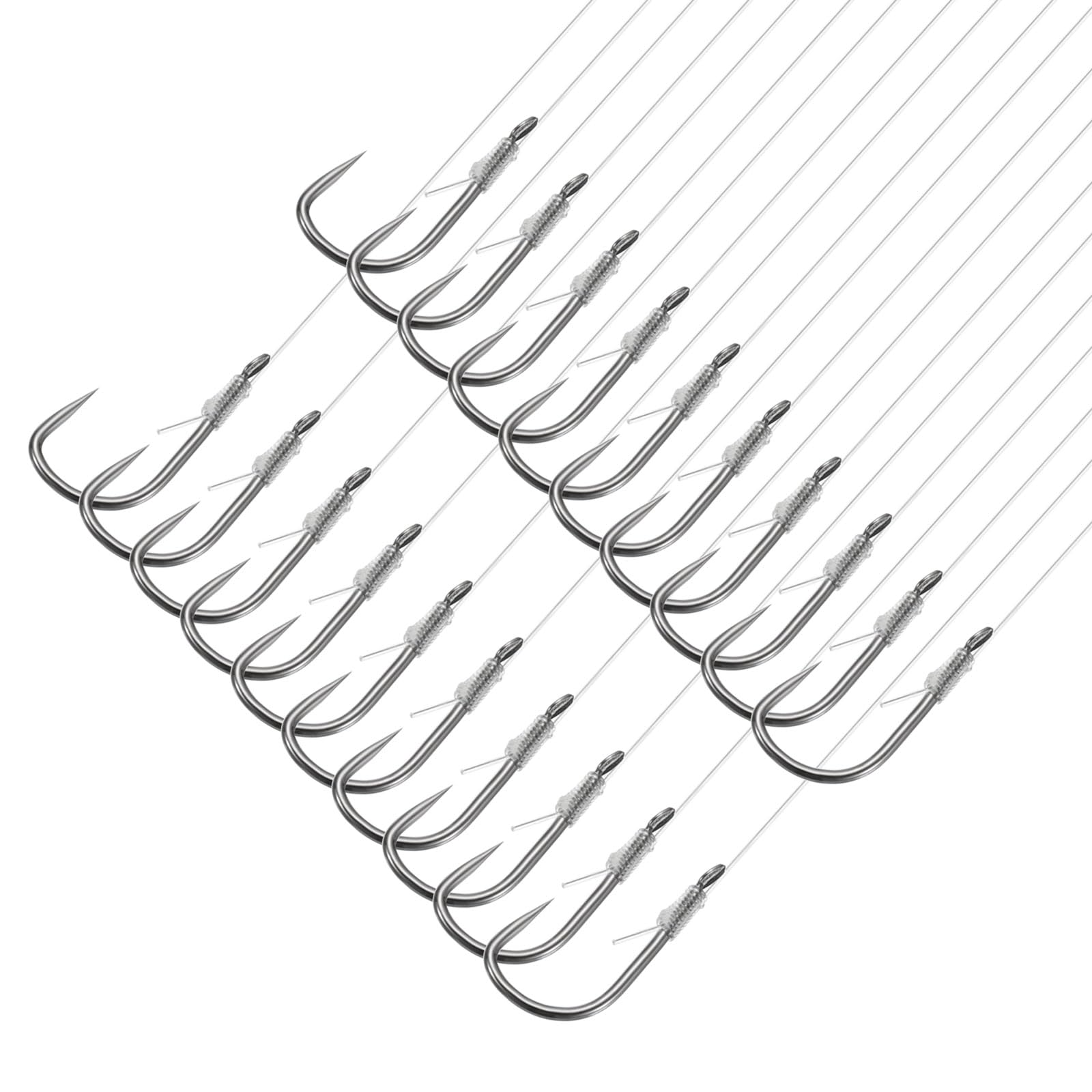 PATIKIL 0.5# Small Fishing Hooks with 45cm Line, 20Pcs 0.39x0.2 Inch Double Hook Rigs with Barbs Fishing Hook on Nylon Line for Freshwater, Silver Tone