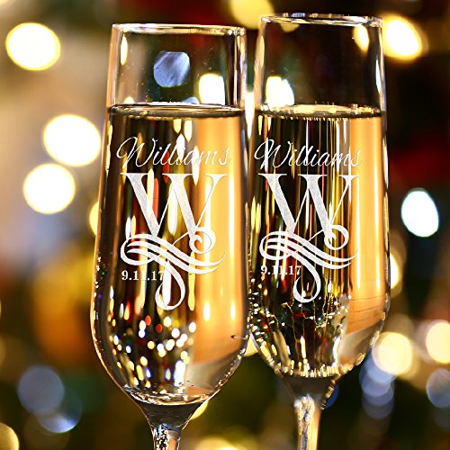 Personalized Mr & Mrs Wedding Champagne Flutes - Bride & Groom Glasses w/Last Name & Date, Custom Engraved, Set of 2 | Wedding Toasting Glasses - Thumbnail 4