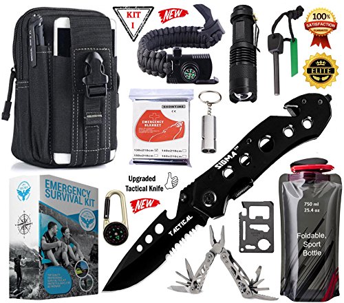 SIGMA - Emergency Survival Gear Kit, Upgraded Tactical Knife & Outdoor Camping Tools – Military Molle Pouch & Survival Bracelet For Camping, Hiking, Hunting, Driving, Fishing, Biking & Earth-quack