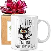 FALJIOK Funny Cat Coffee Mug Gifts for Cat Lover, It's Fine I'm Fine Mug White 11oz, Funny Gifts for Best Friend Bestie, Cats Lover Gift for BIrthday Christmas