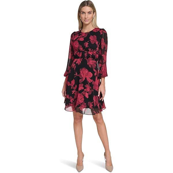 fitted lace wedding dress Calvin Klein Chiffon Bell Sleeve Dress Red 6 at Amazon Women's Clothing  store