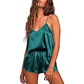 Ekouaer Silk Pajamas for Women Satin Cami Pjs Set V Neck Camisole Shorts Set Adjustable Strap Sleepwear