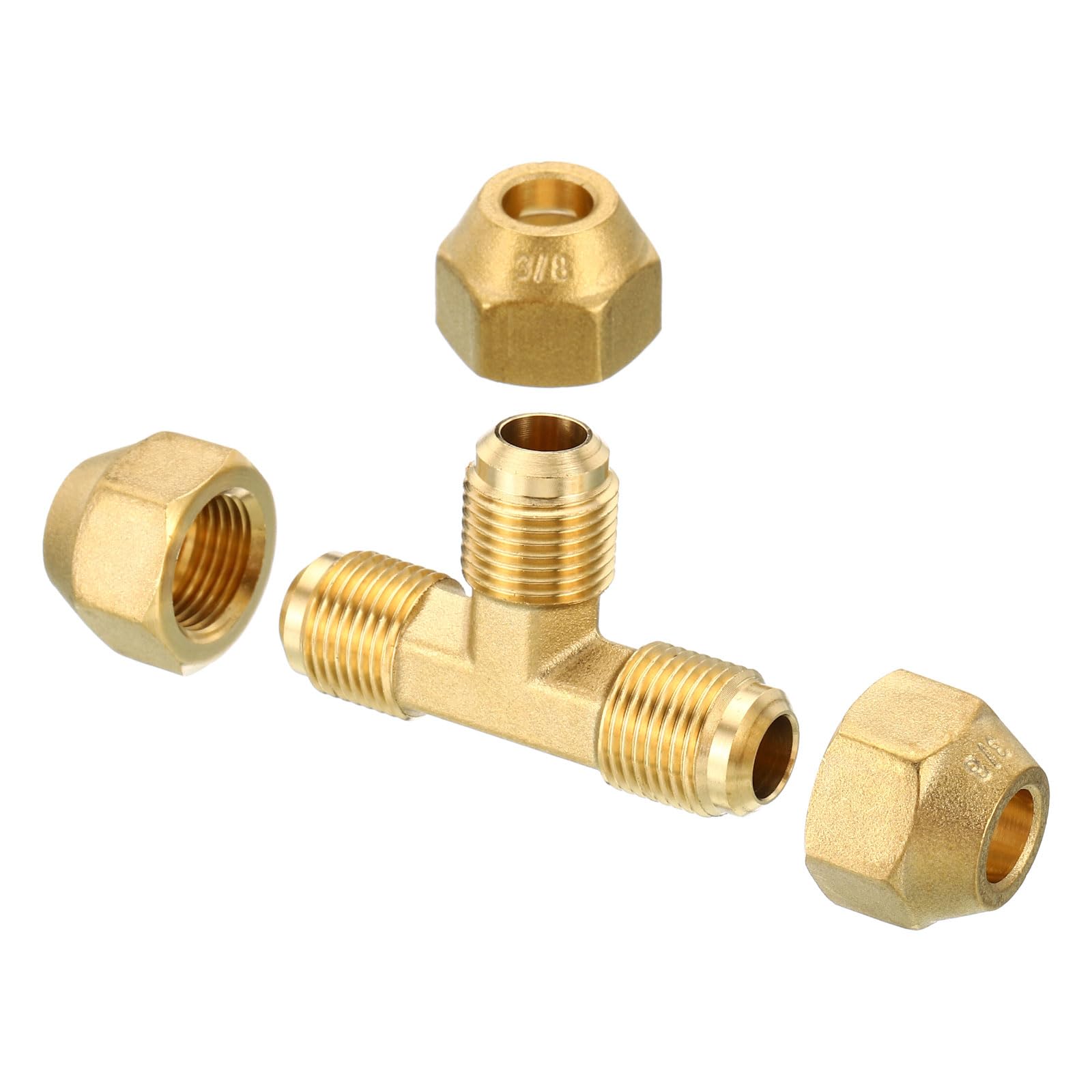 PATIKIL 3/8" x 3/8" x 3/8" Brass Pipe Fitting, Flare Tee Tube Fitting Pipe Adapter Connector with Nut for Air Conditioner Refrigeration Plumbing