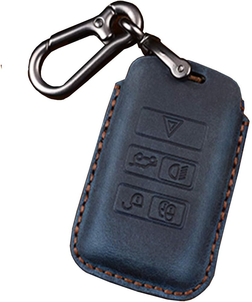 Crazy Horse Leather Smart Key FOB Case Cover Holder Compatible with Range Rover Sports LR Discovery 5 RRS HSE Jaguar Keyless Remote (blue with metal keychain)