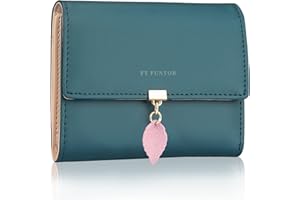 FT FUNTOR RFID Wallets for Women, Leaf Card Holder Trifold Ladies Wallets Coins Zipper Pocket with ID Window Small Teal Blue