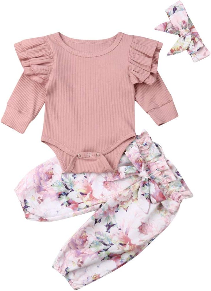 Baby Girl 2 Piece Outfits Newborn Infant Ruffle Romper Tops Floral Pants Headband Fall Winter Clothes Set