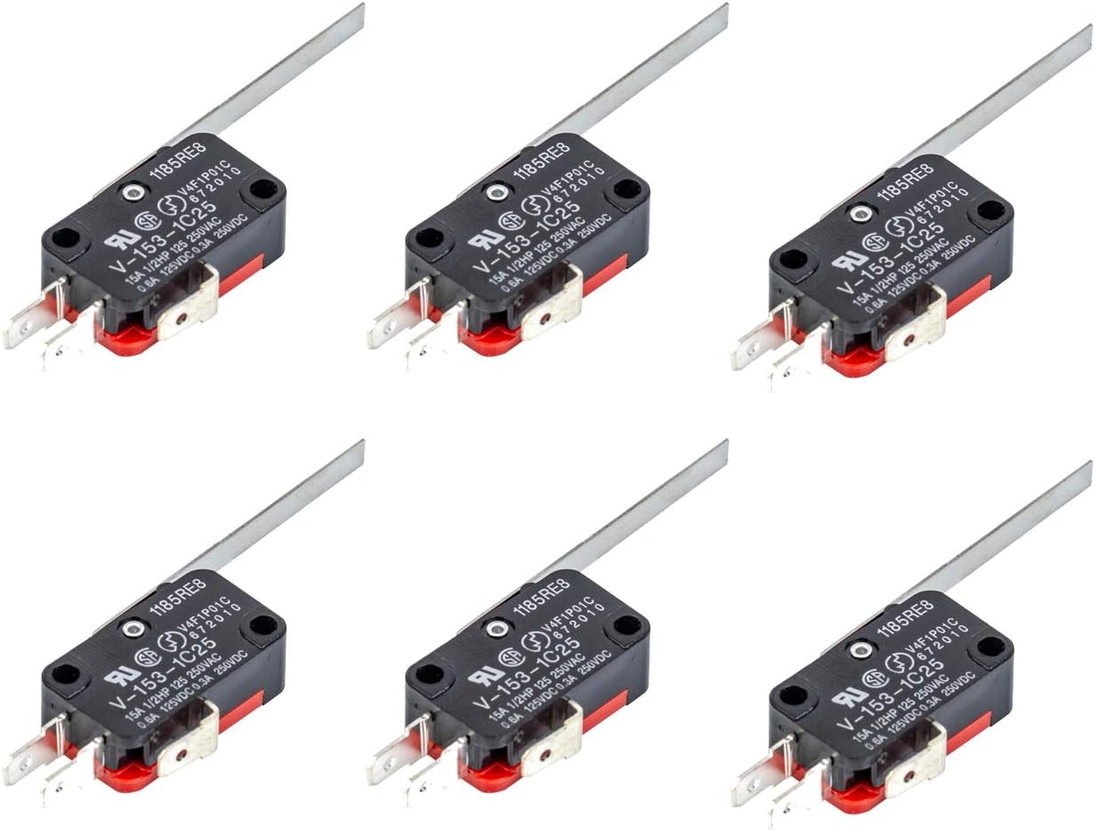 Xenocam 6Pcs V-153-1C25 Micro Limit Switch Long Straight Hinge Lever Arm SPDT Snap Action LOT for Arduino