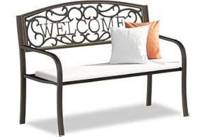 Maemttes Outdoor Bench Garden Bench, Weatherproof Anti-Rust Heavy-Duty Outside Bench Clearance, Wrought Iron Metal Bench for Front Porch, Patio, Park