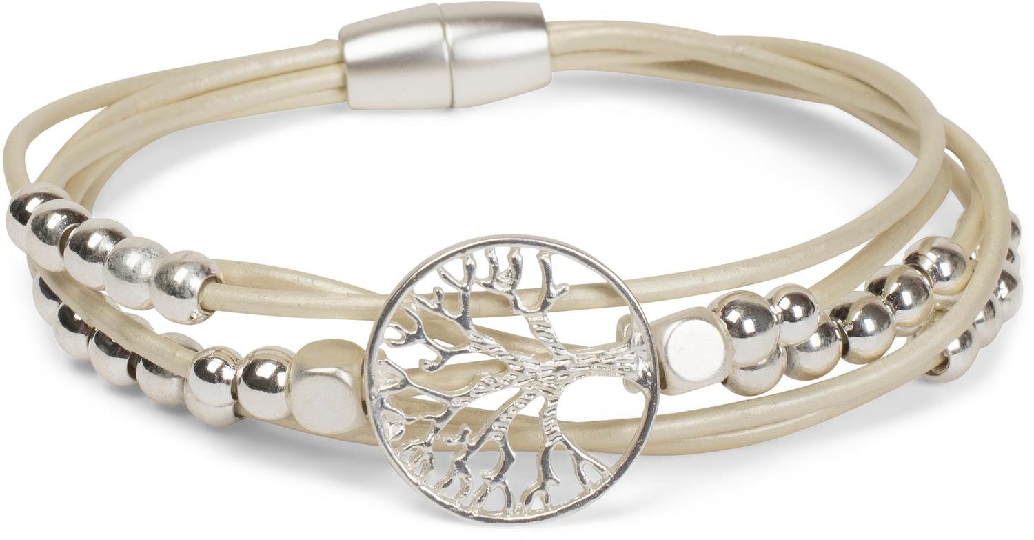 styleBREAKER Bracelet with fine Cords, Tree of Life Pendant and Gemstones, Magnetic Clasp, Bracelet, Jewellery, Ladies 05040135, Colour:Cream-Beige