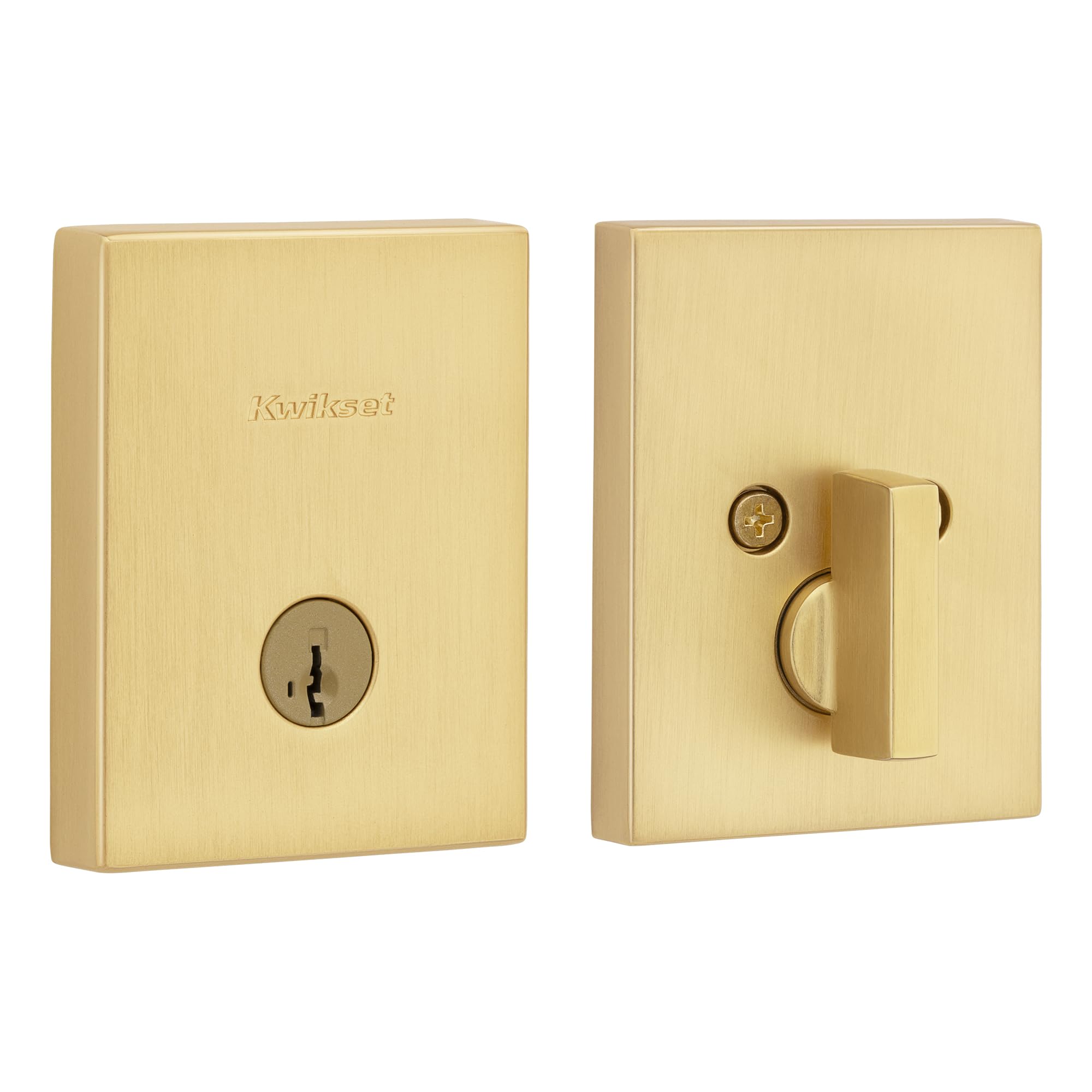 Photo 1 of Kwikset San Clemente Deadbolt Lock, Satin Brass Rectangle Exterior Keyed Front Entry Door, Pick Resistant SmartKey Rekey Security, Single Cylinder Dead Bolt, with Microban Protection