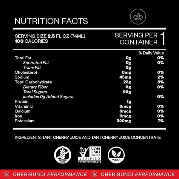 CHERIBUNDI | 100% TART CHERRY JUICE PURE CONCENTRATE GRAB & GO | 2.5 FLUID OUNCE POUCH FOR MAXIMUM RECOVERY WITH 40 TART CHERRIES | 100 CALORIES, 0 PRESERVATIVES, NON-GMO | 2.5 FLOZ 6 POUCHES