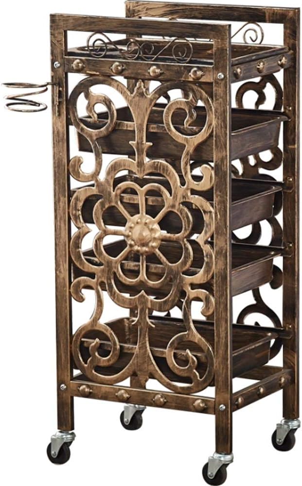 Sturdy Retro Frame Hairdressing Trolley Beauty Salon Tray Rolling Trolley Cart with 5 Drawers Hair Dryer Holder