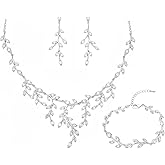 CSY Luxury Bridal Necklace Earrings Bracelet Set Cubic Zirconia Wedding Jewelry for Bride Bridesmaids CZ Plants Vine Platinum Jewelry Set Women