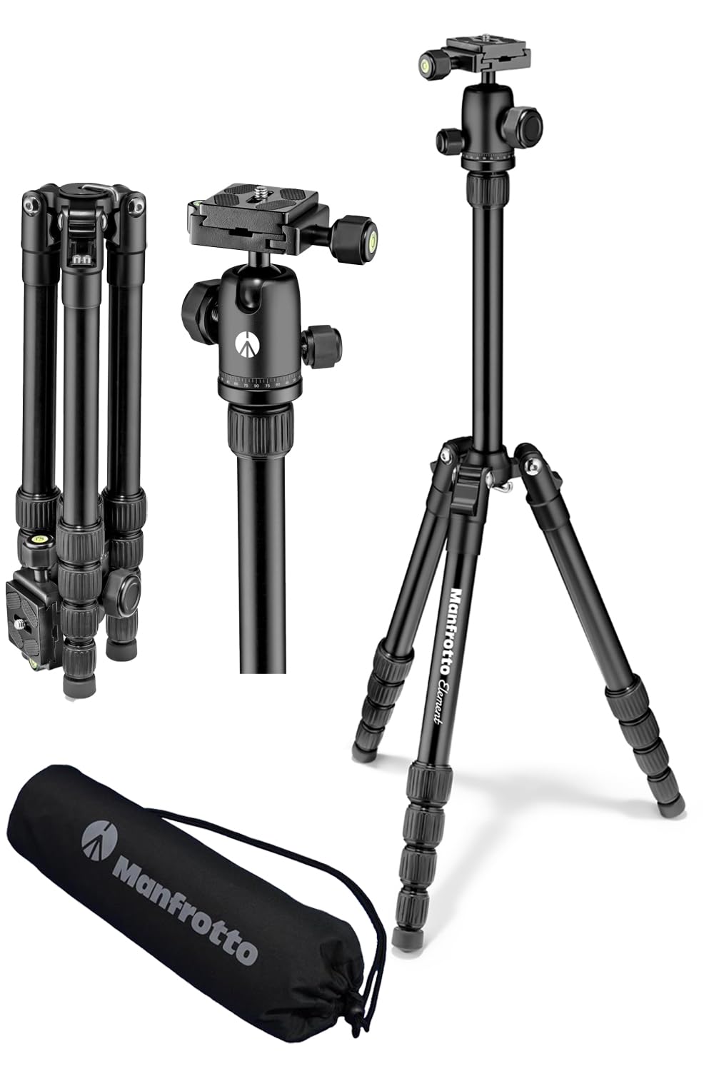 マンフロット(Manfrotto) Elementトラベル三脚 スモール ブラック コンパクト 軽量 折り畳み式 キャリーケース付き ボール雲台搭載 耐荷重6kg 全伸高143cm MKELES5BK-BH商品画像