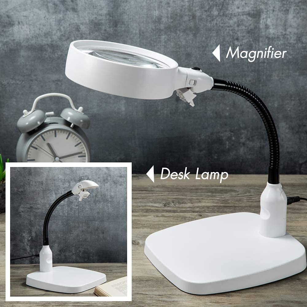 Leffis Large 10X Magnifying Lamp Magnifying Glass with Light and Stand Hands Free Folding Design with 6 LED Lamp Lighted Magnifying Glasses for Close Work, Reading, Crafts, Hobbies, Workbench, (White)
