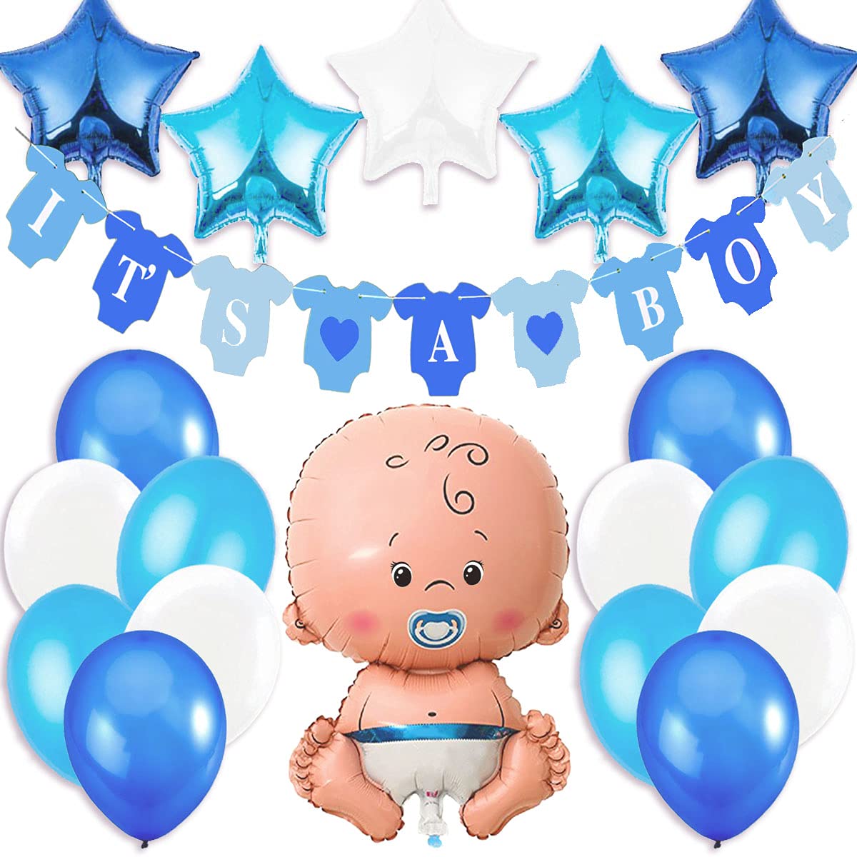 Boy Baby Shower Party Decorations, It Is a Boy Banner + 1 XXL Newborn Baby Boy Foil Mylar Balloon + 5 Star Foil Balloons + 12 Latex Balloons Blue White. Party Supplies for Maternity